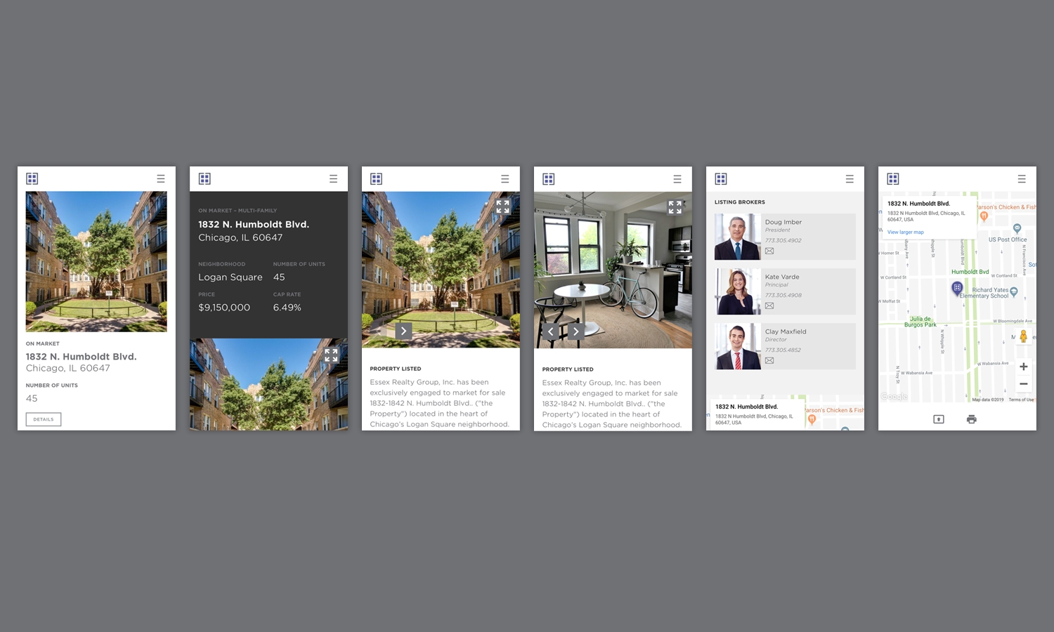 Mobile app screens displaying a property listing. Features include a courtyard photo, property details, interior image, realtor profiles, and a location map.