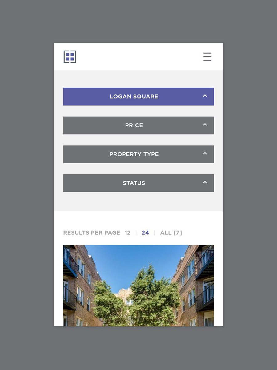 Mobile interface displaying real estate filters for "Logan Square," "Price," "Property Type," and "Status." Below, a photo of buildings with trees.