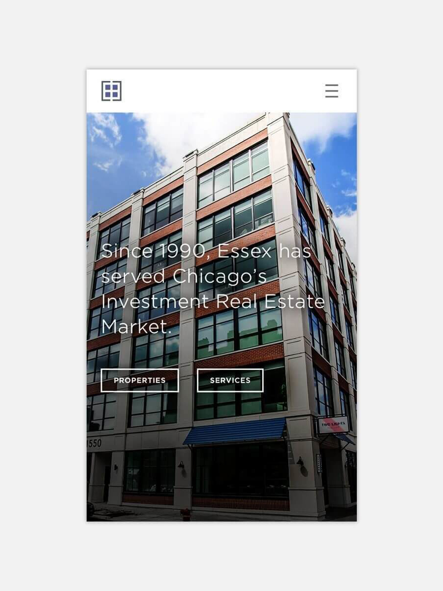 A screenshot of a mobile website showing a brick building under a blue sky on a real estate site. Text reads, "Since 1990, Essex has served Chicago's Investment Real Estate Market."
