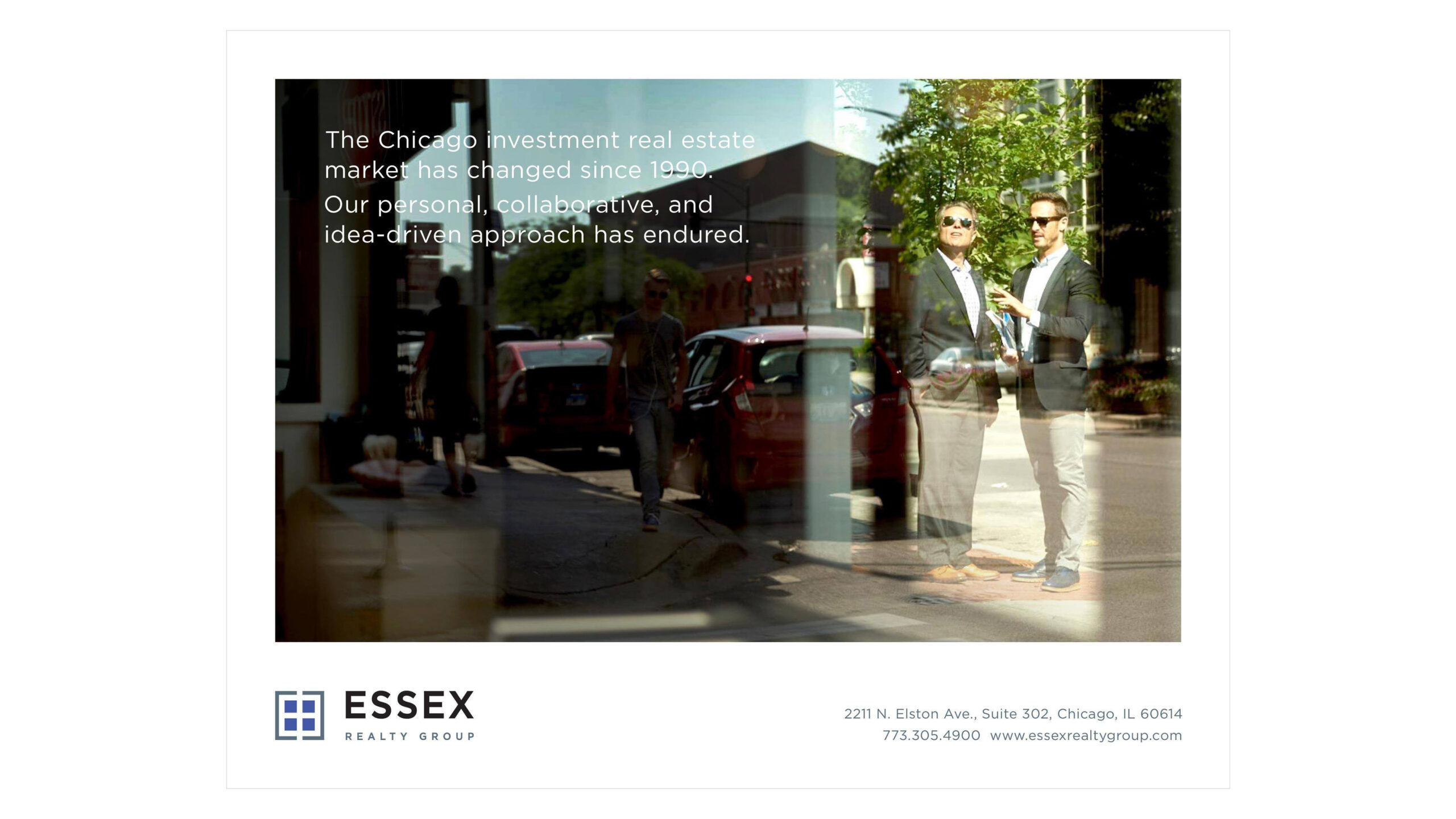 A slide from the Essex Realty Group presentation showing imagery of two men in suits with sunglasses in a window's reflection. Text reads: "The Chicago investment real estate market has changed since 1990. Our personal, collaborative, and idea-driven approach has endured."