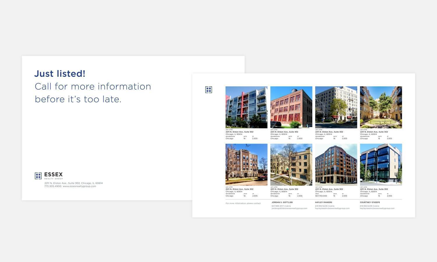 Real estate flyer featuring images of eight apartment buildings with listing details. Header reads: 'Just listed! Call for more information before it's too late.' Essex company logo and contact info visible.