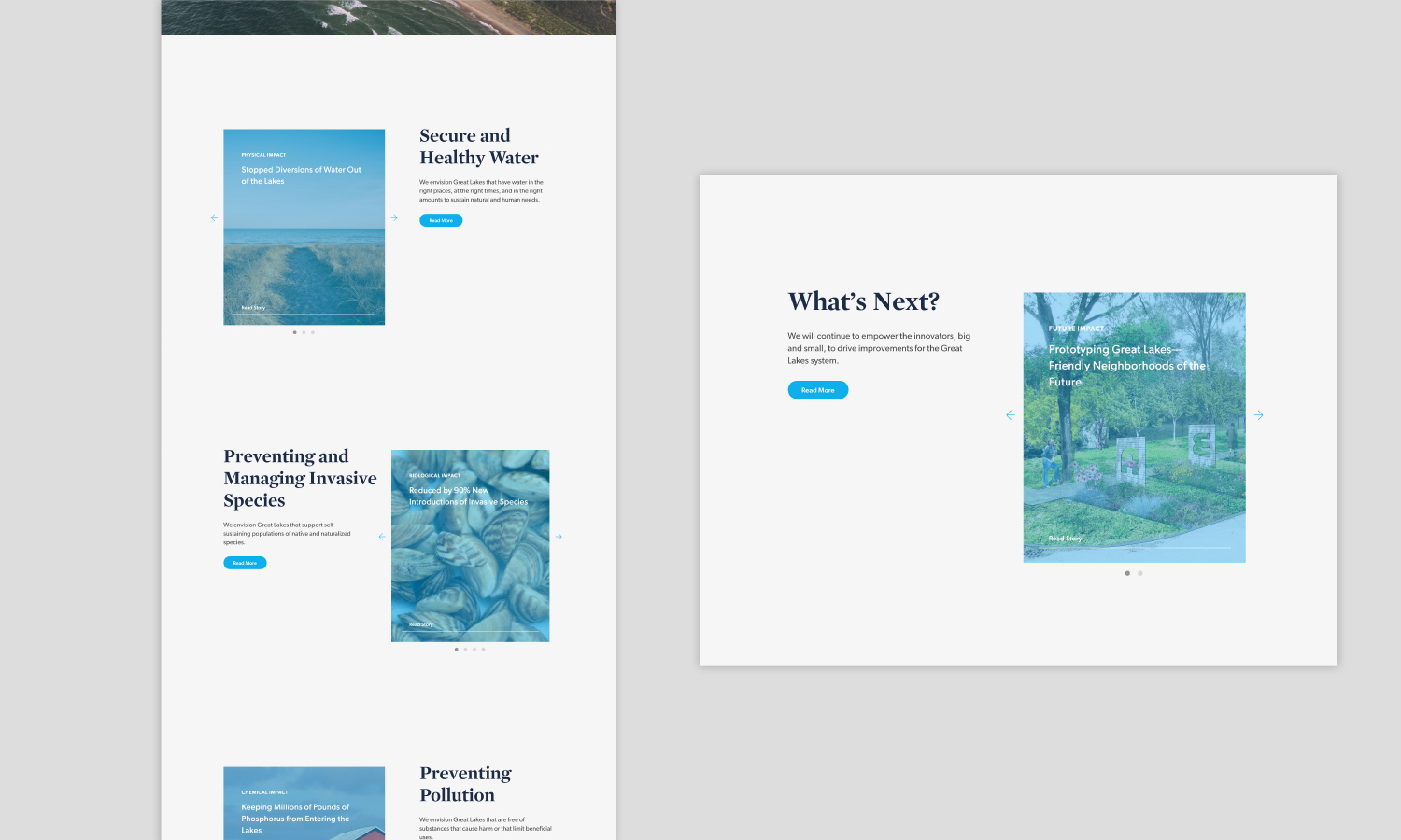 Mockup of the homepage stories showing an environmental theme with sections on water safety, invasive species, and pollution prevention. A sidebar asks 'What's Next?' with a nature image.