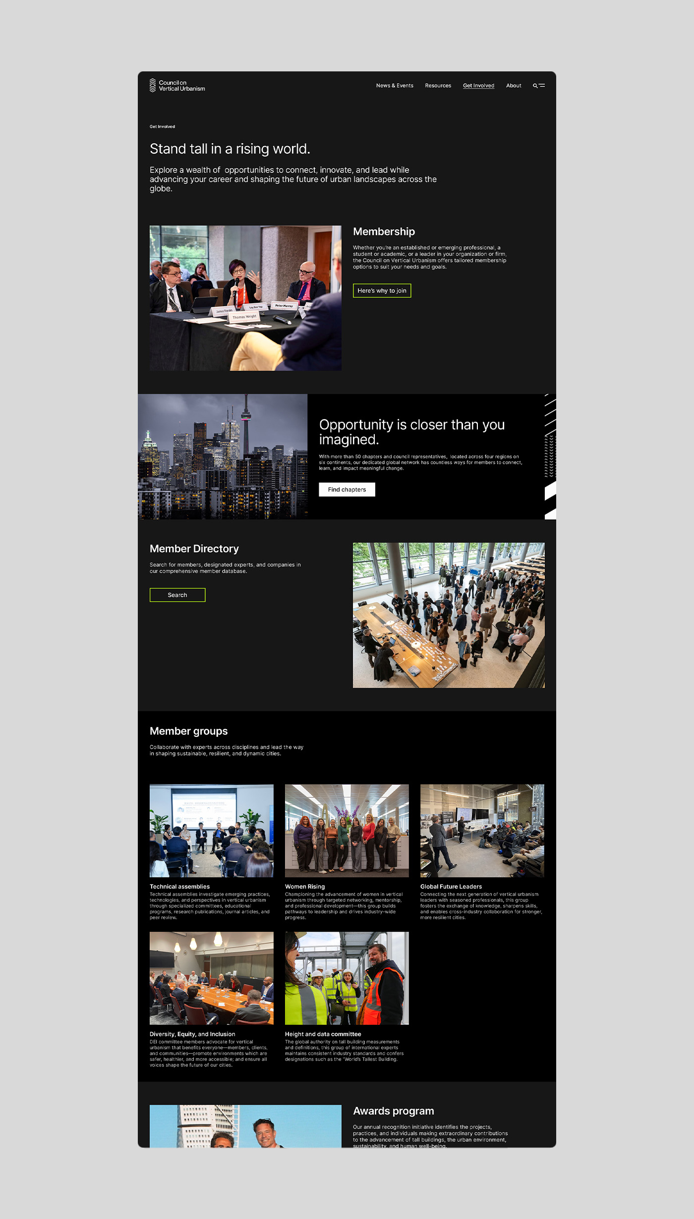 Image of the Get Involved webpage on the Council on Vertical Urbanism website