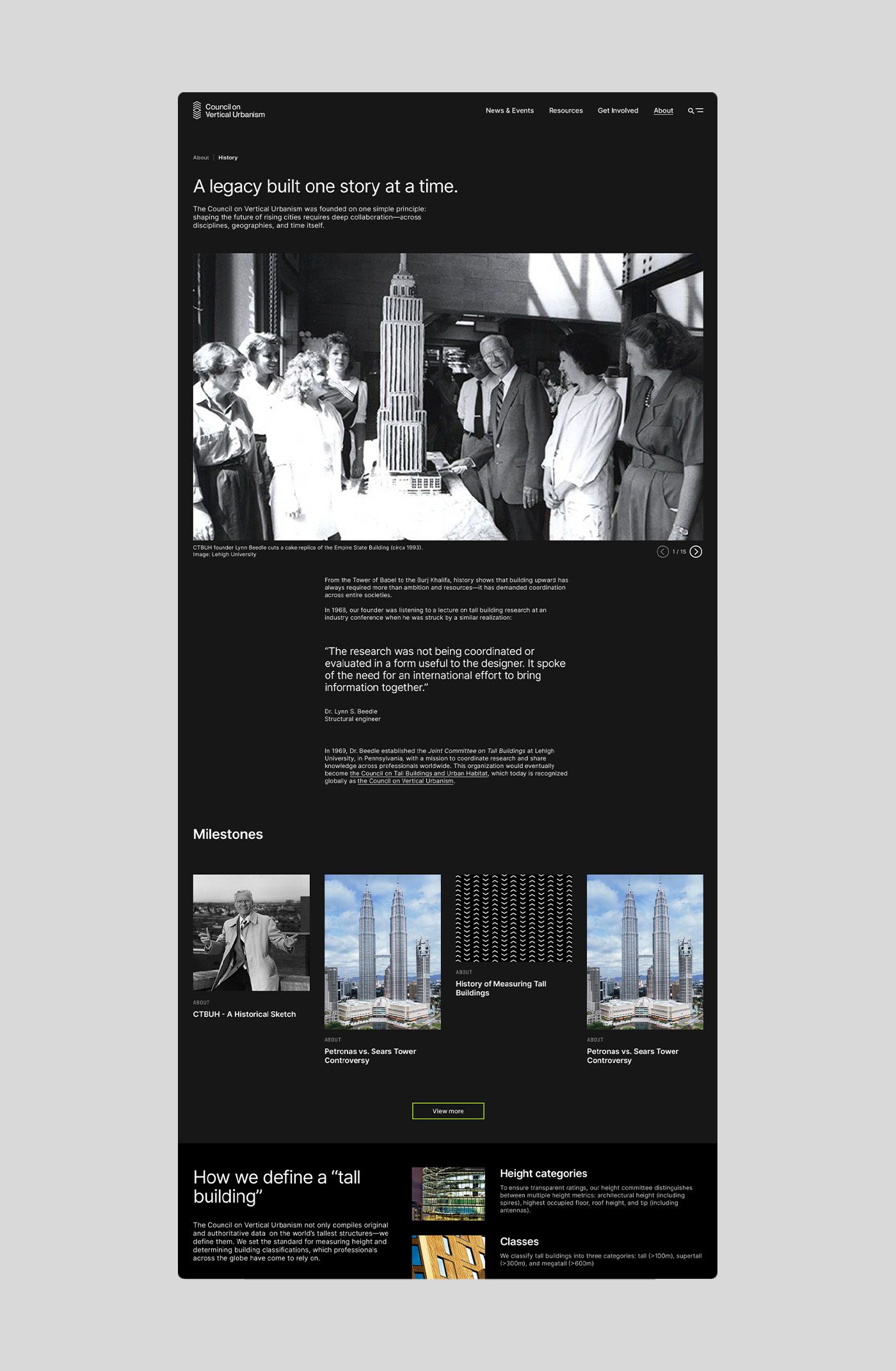 Image of the History webpage on the Council on Vertical Urbanism website