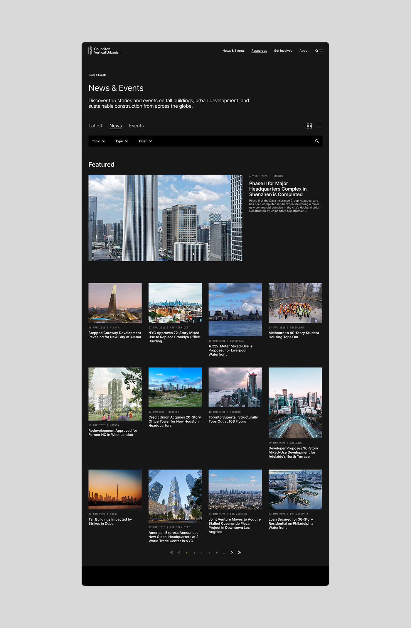 Image of the News & Events webpage on the Council on Vertical Urbanism website