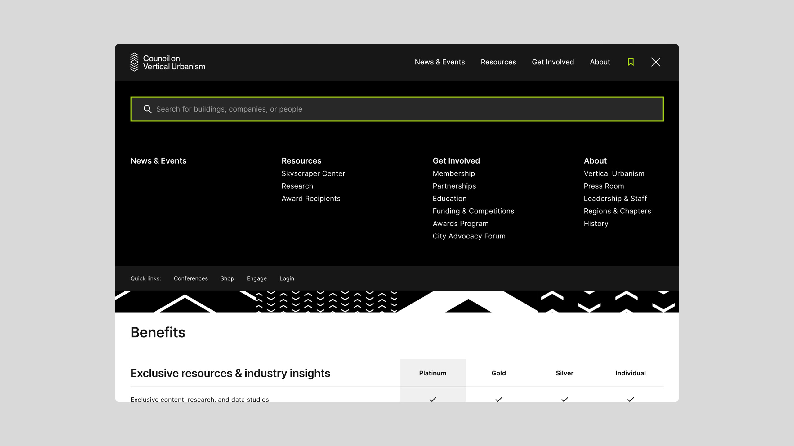 Image of the open navigation of the Council on Vertical Urbanism website