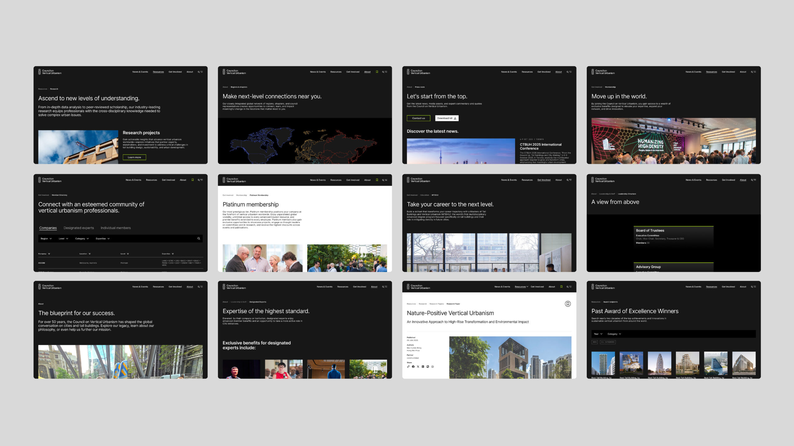 Twelve examples of webpages on the Council of Vertical Urbanism website.