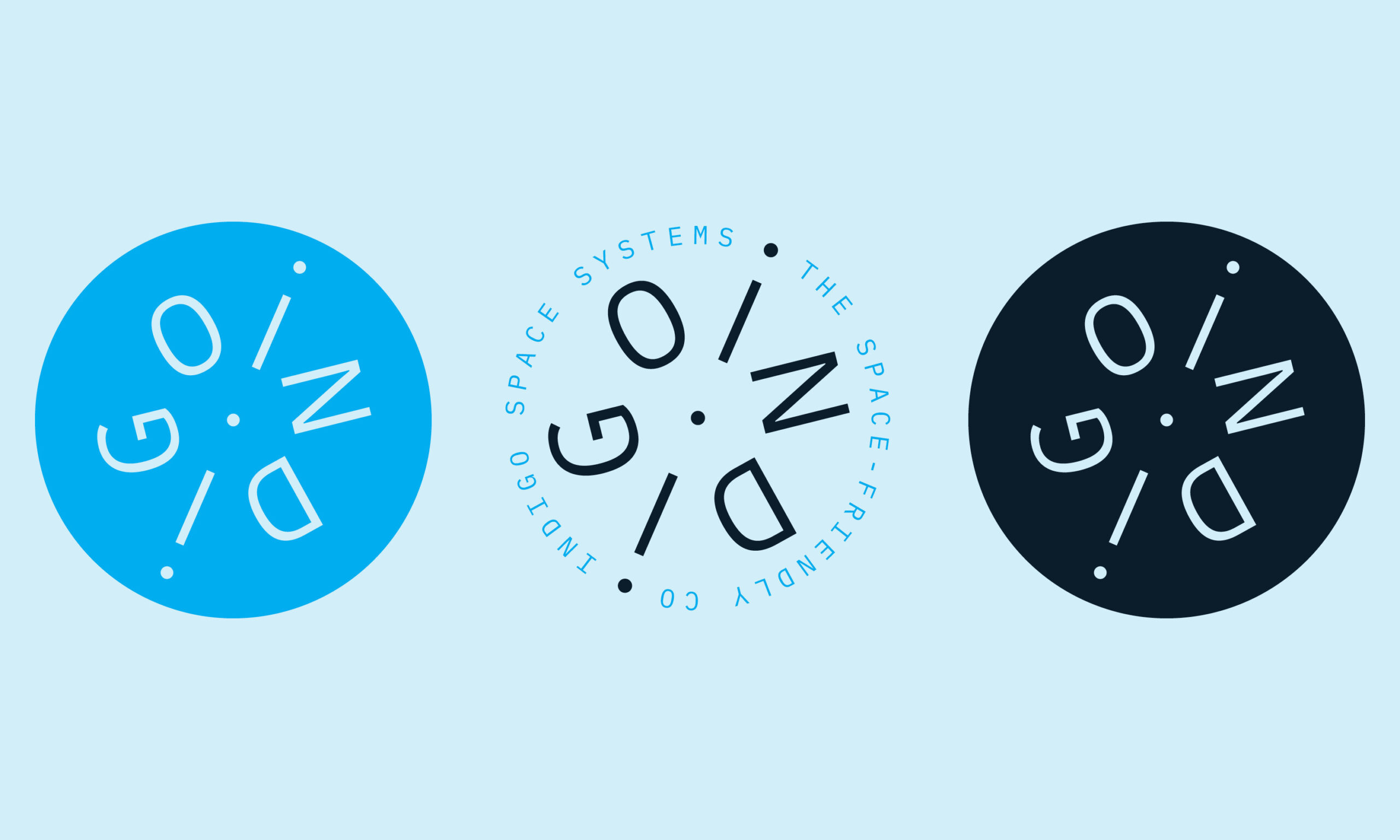 Three circular logos with the word "INDIGO" rotated in a diagonal. Left is blue, center is light blue with "INDIGO SPACE SYSTEMS," right is dark blue.