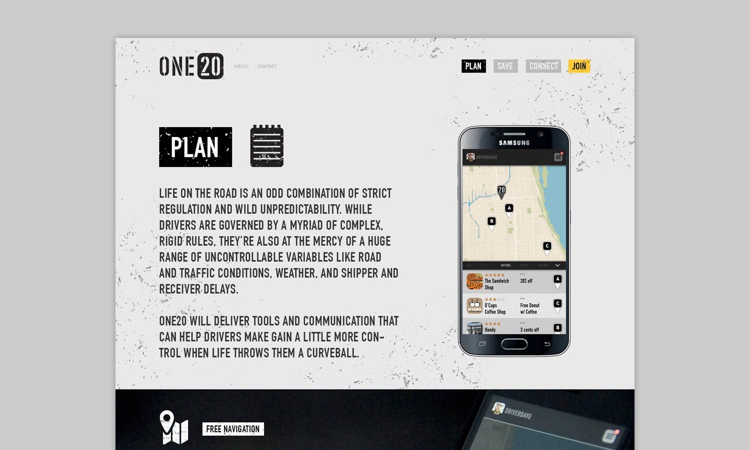 Mobile app interface for One20 featuring a map on a Samsung phone beside text discussing the challenges of driving conditions.