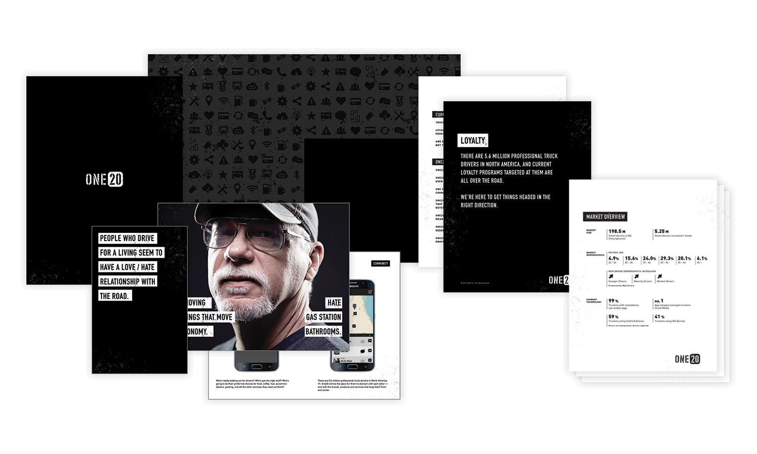 Collage of documents featuring a man in glasses and a cap, phone apps, and bold text with phrases about truck drivers and loyalty.