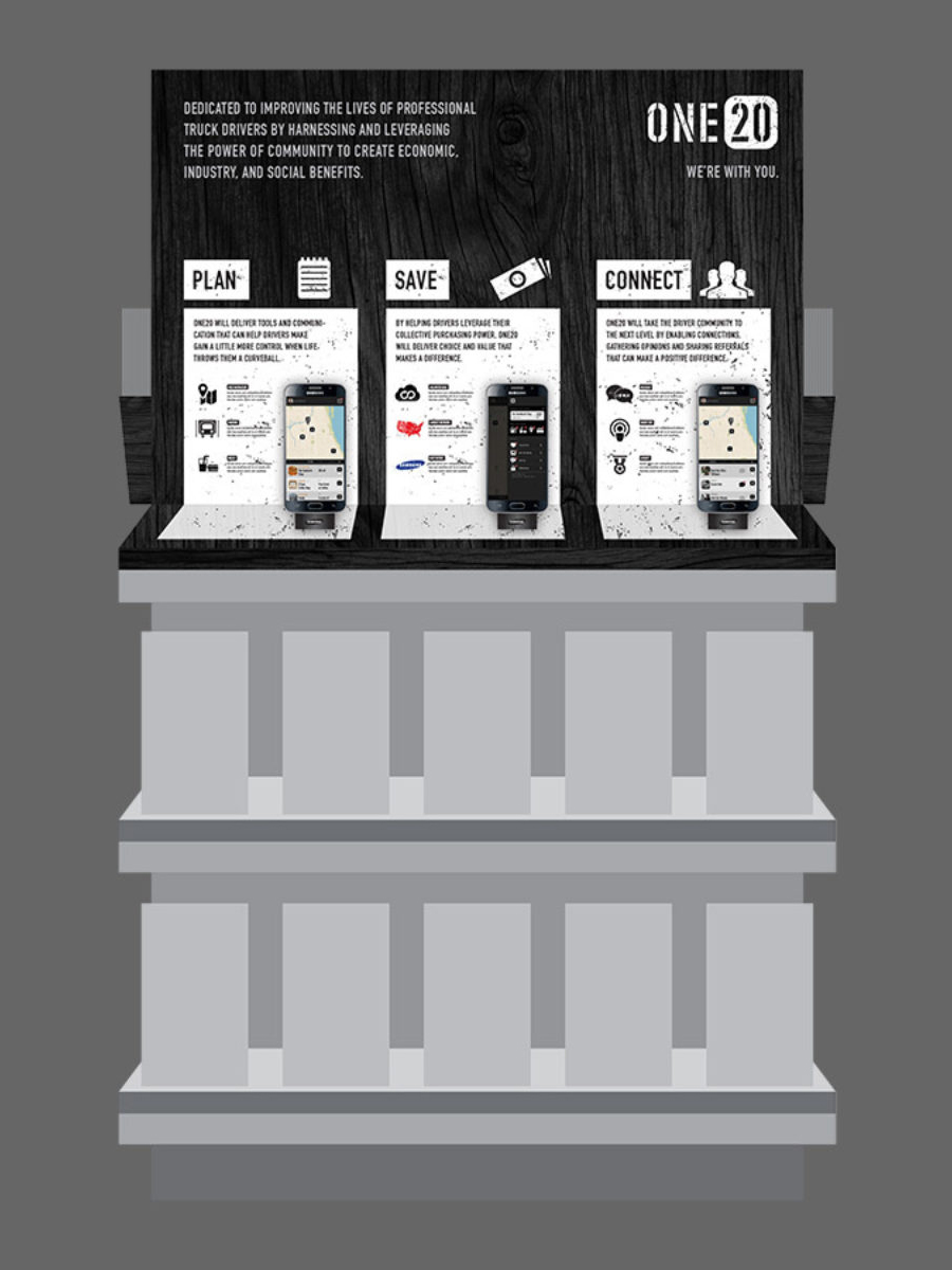 Store display featuring the ONE20 app for truck drivers. It highlights three key areas: Plan, Save, and Connect, with images on phone screens.