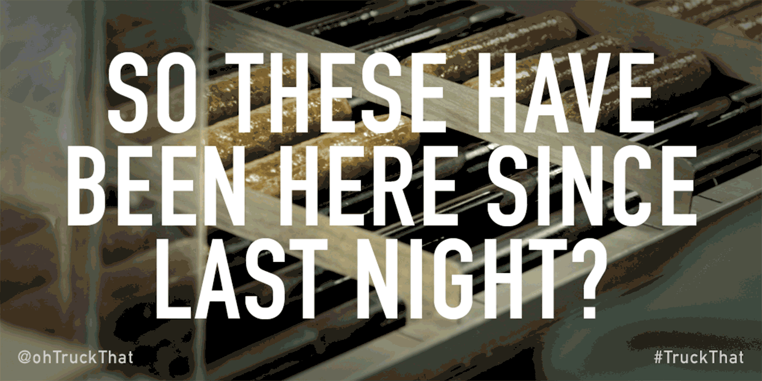 Animated gif for social media, featuring an image of roller food from a truck stop with text reading "So these have been here since last night?"