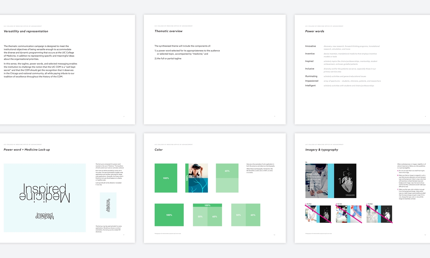 This image shows a six-pages from the communication campaign brand manual that features text, graphs, and images. Slides cover themes, power words, branding colors, and imagery style.