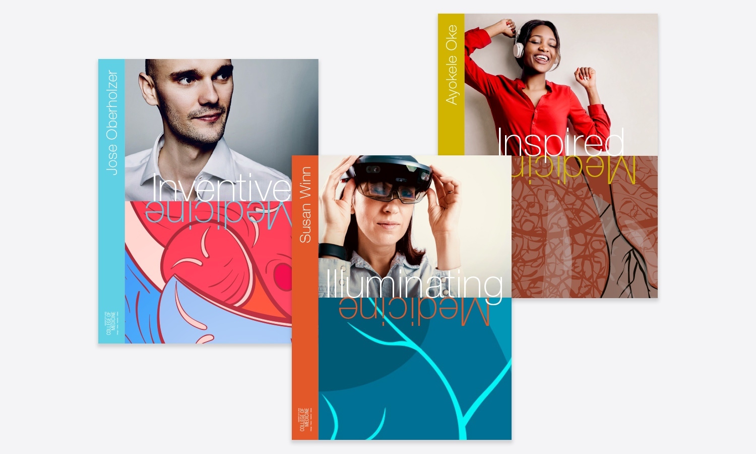 Three case study booklet covers feature individuals with text overlays. One shows a man labeled "Inventive," another a woman with VR goggles labeled "Illuminating," and the third a joyful woman labeled "Inspired." The word 'Medicine' can be found mirrored below each word.