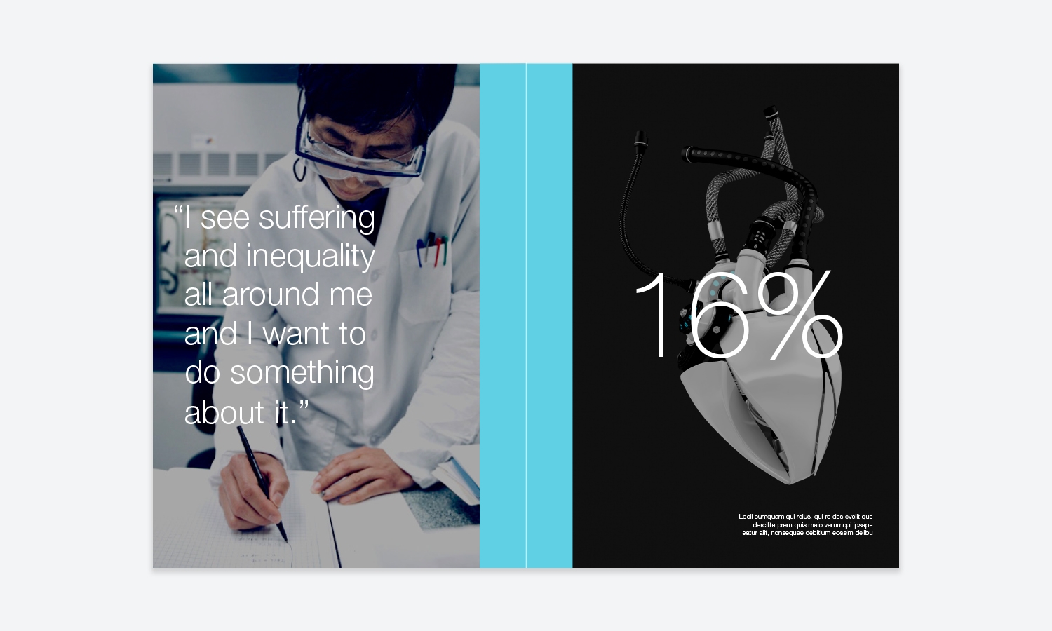 A scientist in a lab coat writes notes with a quote about wanting to help others. Beside them, on a black background, is an artificial heart with "16%" overlaid.