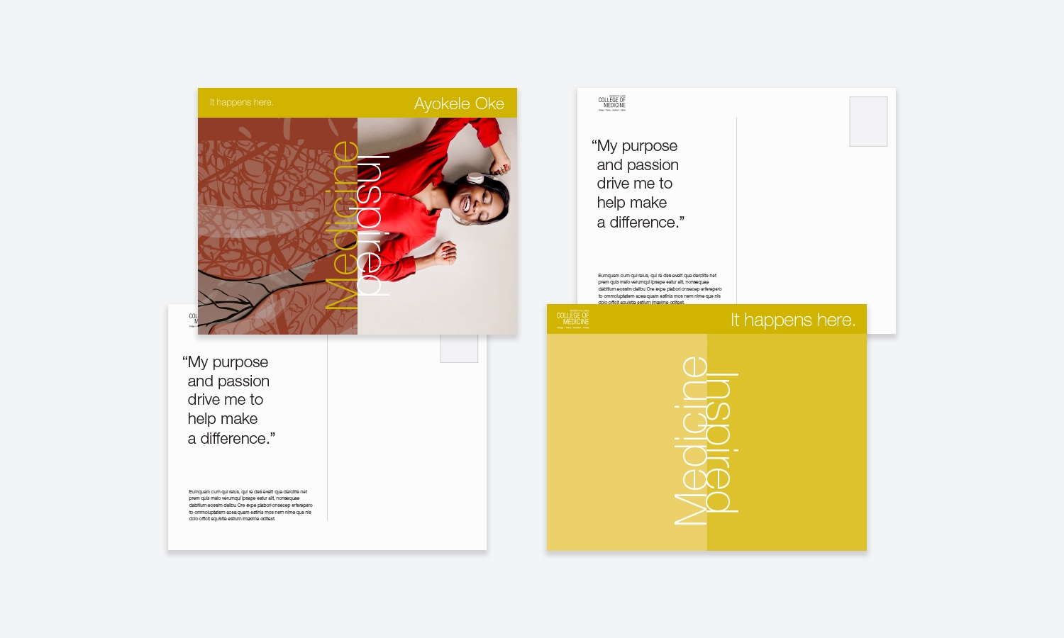 Two contrasting postcard designs. Left: A woman in a red outfit lies against a decorative backdrop with the words 'Inside Medicine' overlaid. Right: A minimalistic layout with a quote, 'My purpose and passion drive me to help make a difference.'