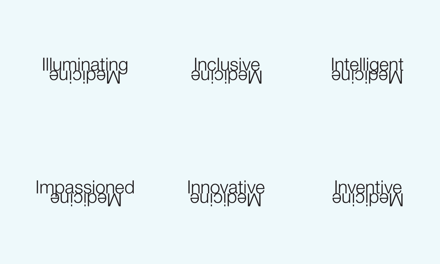 The image features the words "Illuminating," "Inclusive," "Intelligent," "Impassioned," "Innovative," and "Inventive" above mirrored text reading "Medicine," on a pale blue background.